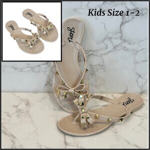 KIDS Girls Studded Bow Flip Flops Jelly Sandals-Nude Beige SZ 1-2